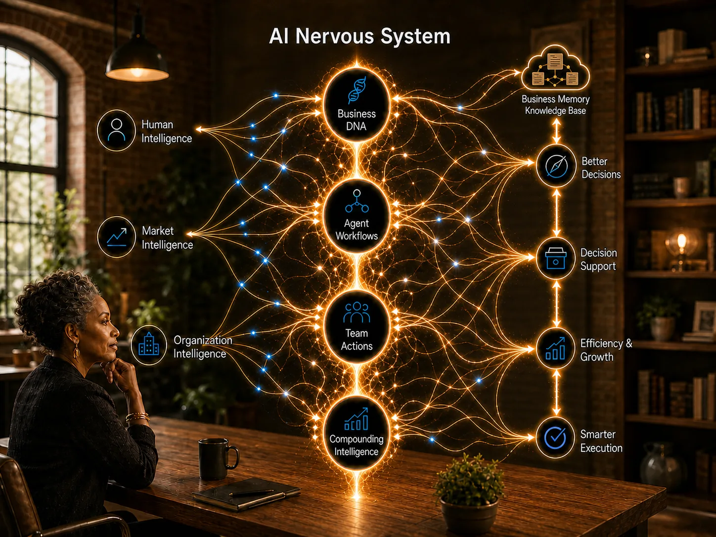 The AI Nervous System: Business DNA, Agent Workflows, Team Actions, and Compounding Intelligence, feeding Business Memory, Better Decisions, Decision Support, Efficiency and Growth, and Smarter Execution.